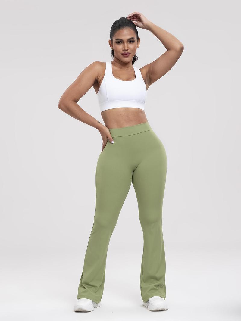 Women's Solid Ruched High Waist Sports Tummy Control Leggings, Comfy Breathable Flare Leg Trousers for Yoga Gym Workout Running, Ladies Sportswear for All Seasons, Gym Clothing, Shaping Leggings