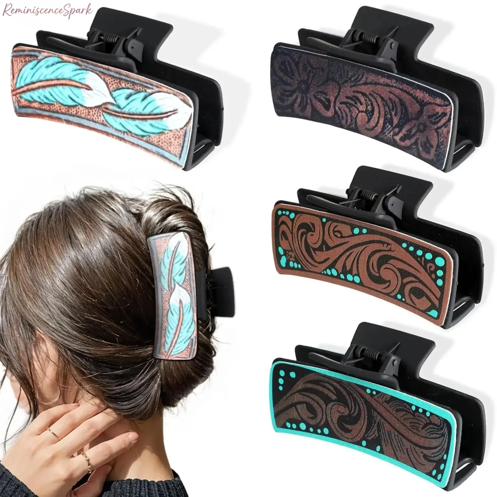 4‑Pack Western‑Style Hair Claw Clips for Women, Vintage Cowhide‑Textured Hair Accessories, Secure‑Grip Claw Clips for Thick Hair, Trendy Country Cowgirl‑Inspired Pieces for Daily Styling and Themed‑Outfit Matching