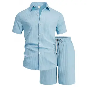 2026 Summer New Men'S Solid Color Casual Short Sleeve Shirt Cardigan Shorts 2 Piece Set Beach Style