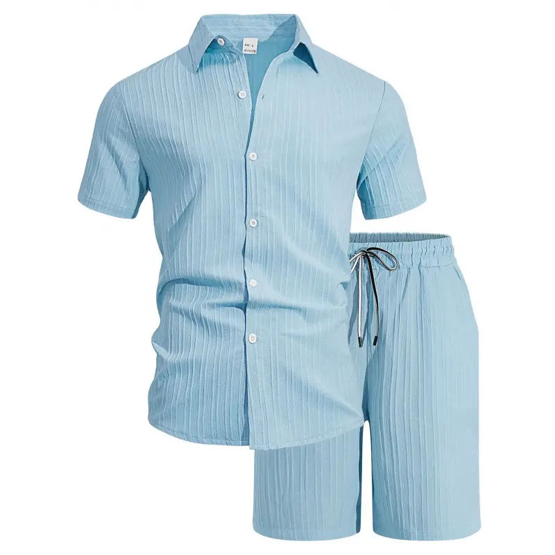 Men's Casual Knitted 2-Piece Basics Set - Solid Polyester Button-Up Shirt with Cuff Sleeves, Matching Elastic Shorts for Summer Vacation Menswear