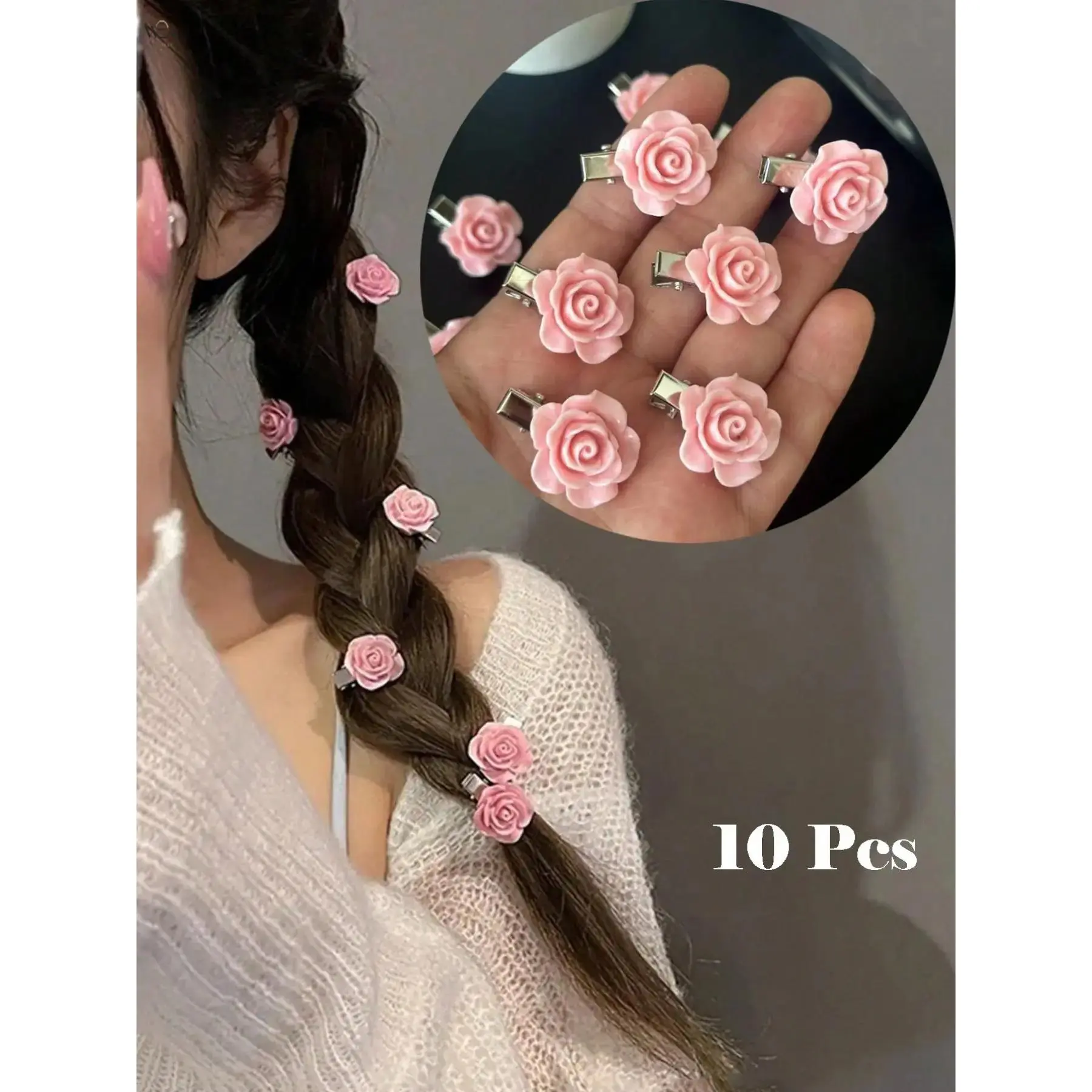 Cute Resin Rose Alligator Hair Clips, 5/10Pcs 2.4cm 4g Lightweight Pink Floral Barrettes, Rose Head Hair Clips for Bride Wedding & Daily Girly Hairstyle Decor Tiny Gift
