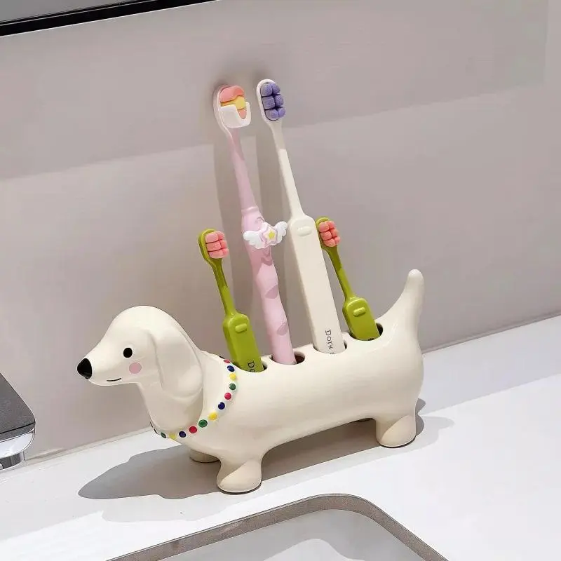 Cute Dachshund Design Waterproof Ceramic Toothbrush Holder Storage Rack - Compact, Stylish Bathroom Decor, Rustproof, Space-Saving, Durable, 21*5.5*11 cm, Non-Slip Sink Base, Prevents Cross-Contamination, Festive Party Gift