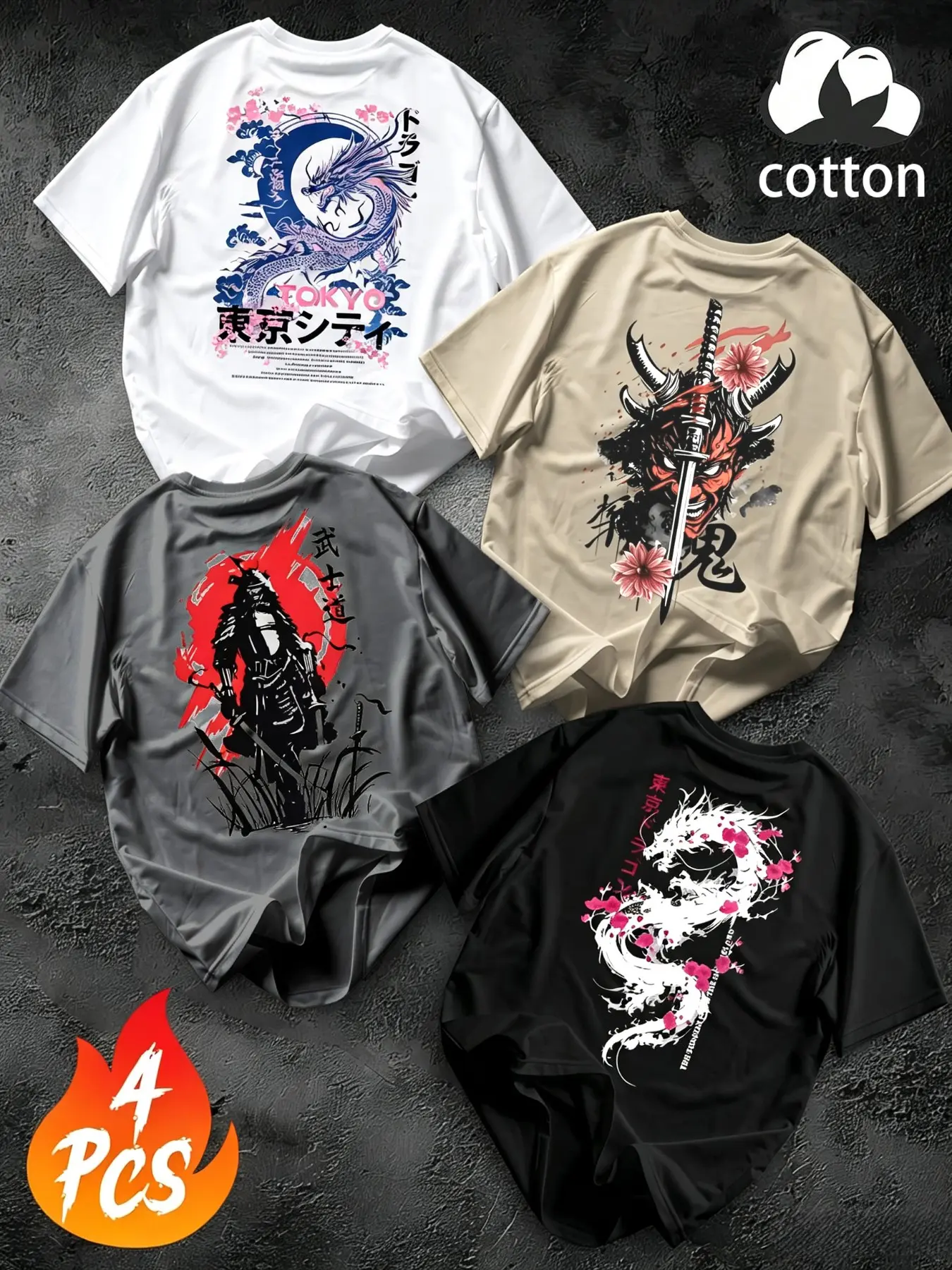 Large Size Men's 4-Pack 100% Cotton Loose T-Shirts, Japanese Harajuku Street Style Streetwear, Back Print Round Neck Short Sleeve Tops
