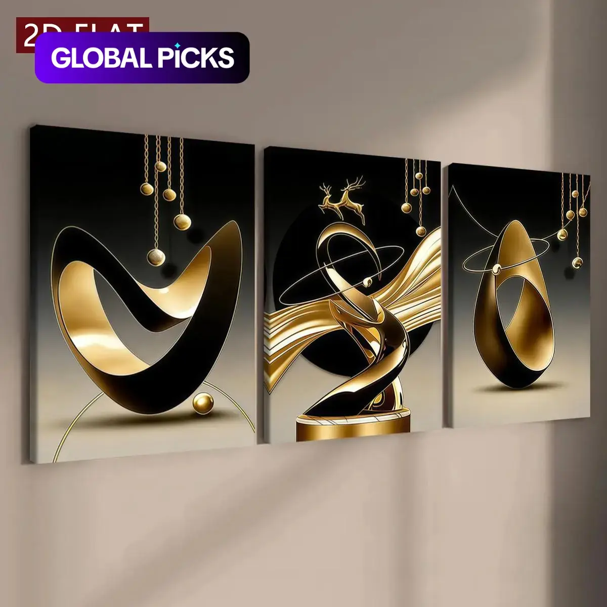 【Black Friday】3-Piece Wood Framed Canvas Painting Prints, Abstract Modern Geometric Decorative Posters for Entryway, Corridor, Family Room, and Bedroom Walls, Waterproof Home Decor Art #GLOBAL PICKS