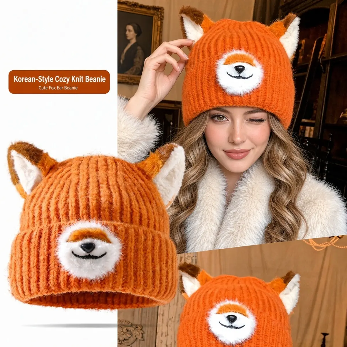 Cute Fox Ear Beanie for Women, Soft Knitted Winter Hat With Warm Ear Protection and Face-Flattering Fit, Cozy Cold Weather Cap for Autumn, Winter, Outdoor Activities, Travel, Shopping and Everyday Styling