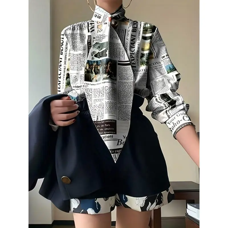Chic Polyester Newspaper Print Blouse - Elegant Long Sleeve Office Top with Stand Collar, Available in S to 2XL Shirts Womenswear Winter Comfort Casual Fabric