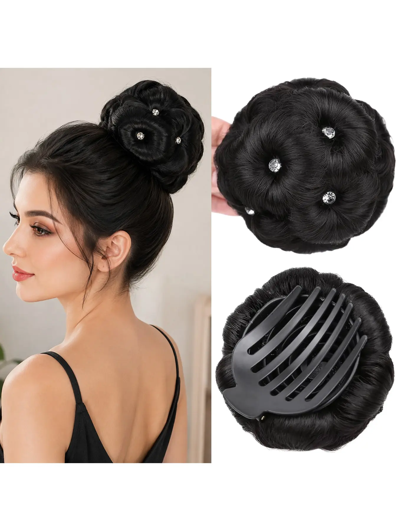 Crystal floral hair bun hair clip wig, 5-inch synthetic fiber heat-resistant, lightweight, and easy to wear, suitable for weddings, parties, ballet performances, non-destructive and fast styling hair accessories, suitable for all women's beauty