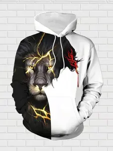 Men's Spring Fall Winter 3D Graphic Print Casual Fashion Lightning Lion Letter Cross Long Sleeve Hoodie Sweatshirt Set, Comfortable Polyester Two-Piece Suit, Clothes