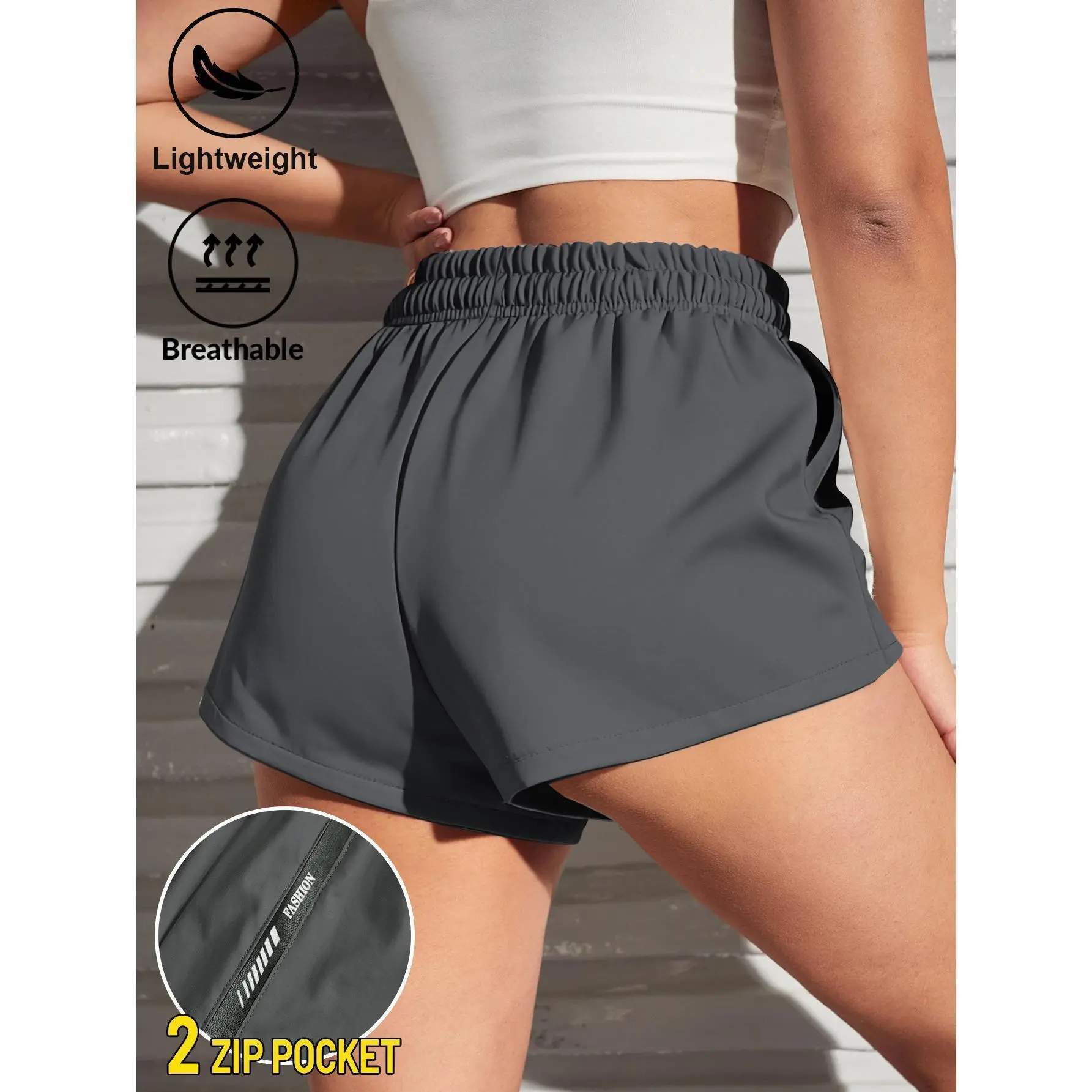 Women's Loose Fit Athletic Running Shorts, Lightweight Breathable Quick Dry Workout Shorts with Elastic Drawstring Waist & 2 Secure Zipper Side Pockets, Stretch Casual Gym Walking Beach Summer Shorts for Daily Sports Errands