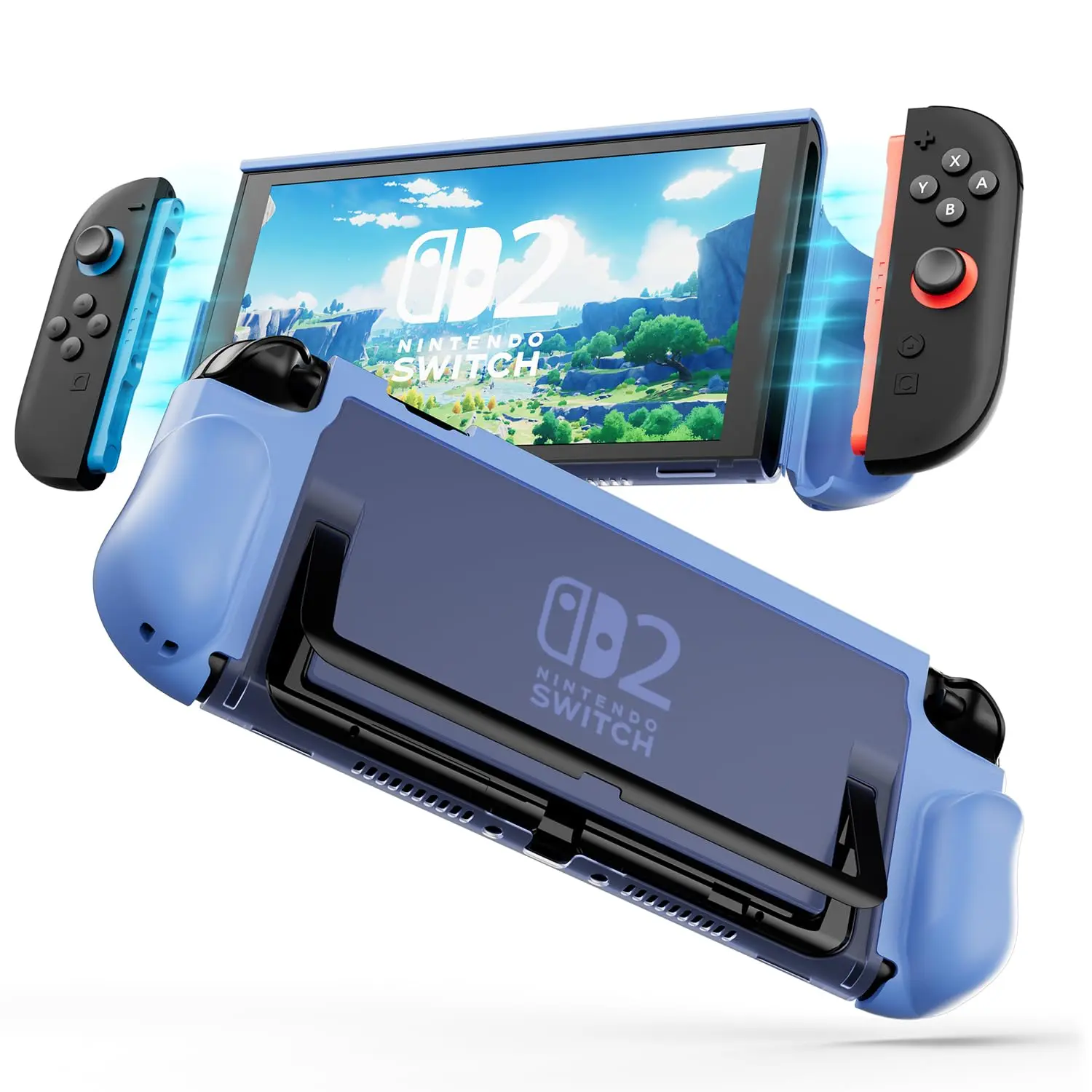 Dockable Grip Case for  2, Protective Cover with Foldable  Grip for Quick Joy-Con Release, Shock-Absorption Hard Shell for Handheld Mode - Blue