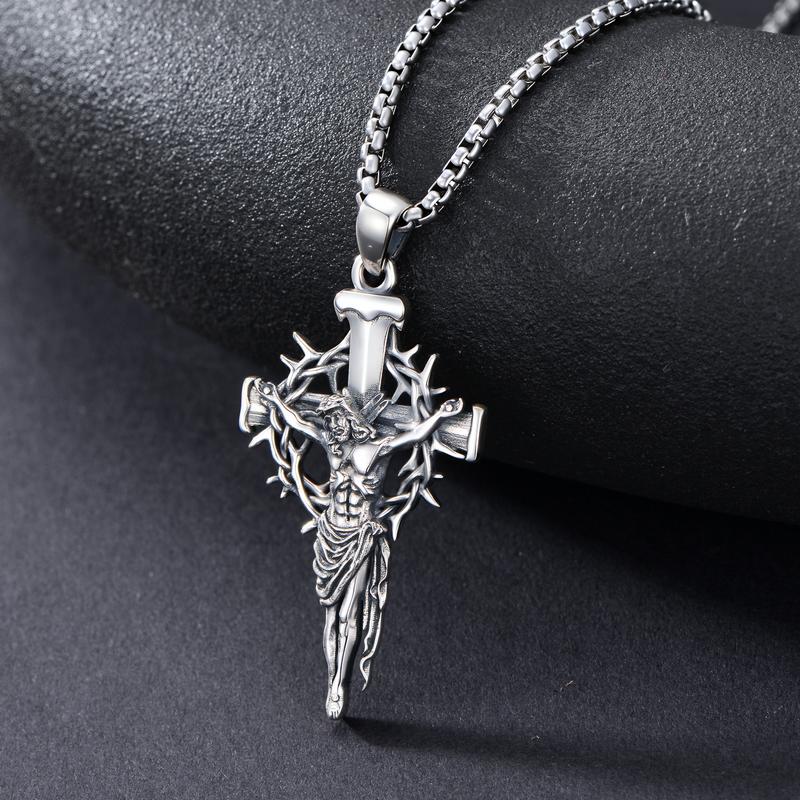 MEIDERBO Jewelry Thorn Cross Jesus Necklace 925 Sterling Silver Cross Pendant Christian Jewelry Men's Gift Fall Fashion Fall Gifts 22+2 Inch