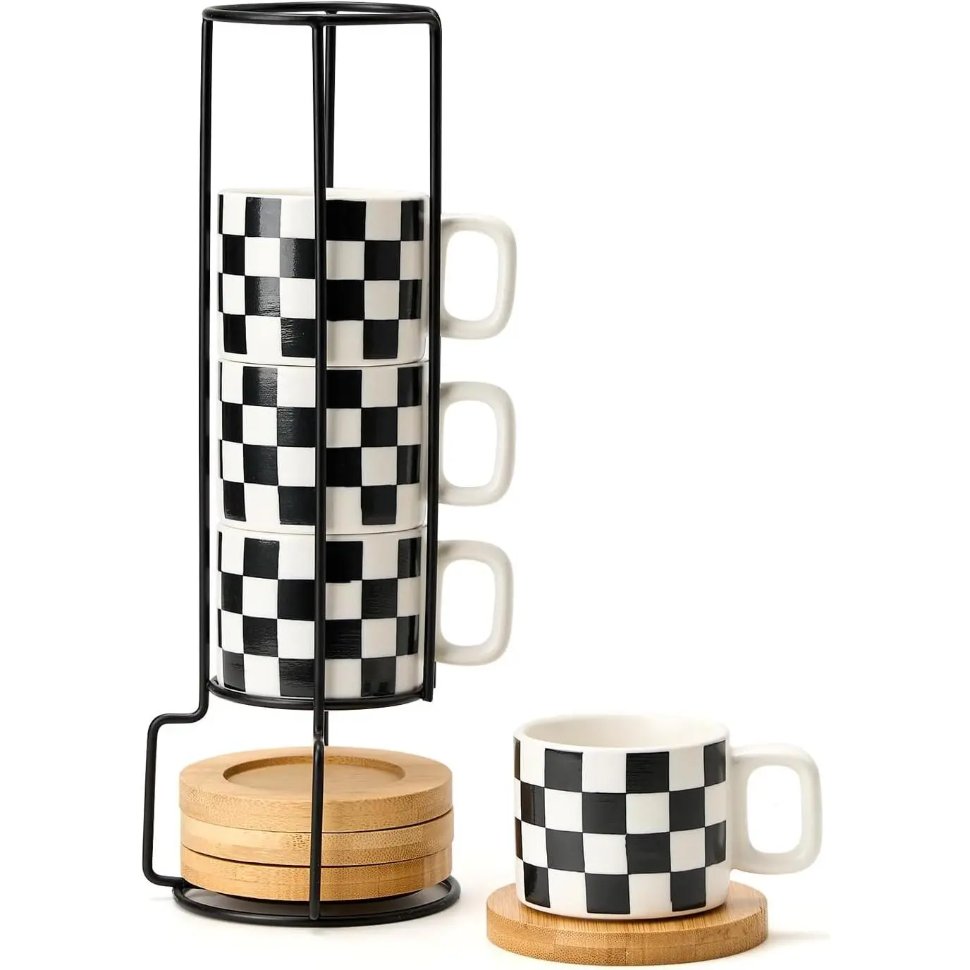 Porcelain Stackable  Checkered Espresso Cups with Saucers and Metal Stand, 4 Ounce Small Ceramic Demitasse Cups Set for Coffee Drinks, Latte,  - Set of 4, White Interior