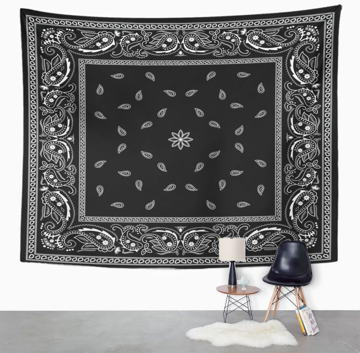 Durable Decorative Tapestry - Emvency Polyester Wall Hanging with Colorful Paisley Black Pattern, Bandanna Border, White Design, Peach & Animal Accents - Home Decoration for Living Room, Bedroom (40X30in (102X76cm))