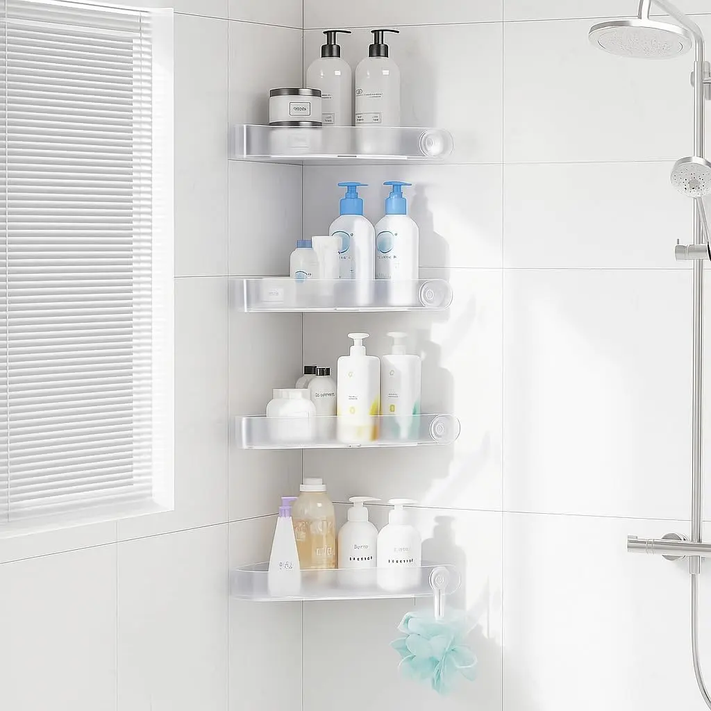 Plastic Shower Caddy Corner (for 90° Only), 4 Pack Adhesive Corner Shower Shelves for Bathroom Organizers and Storage, Frosted Clear