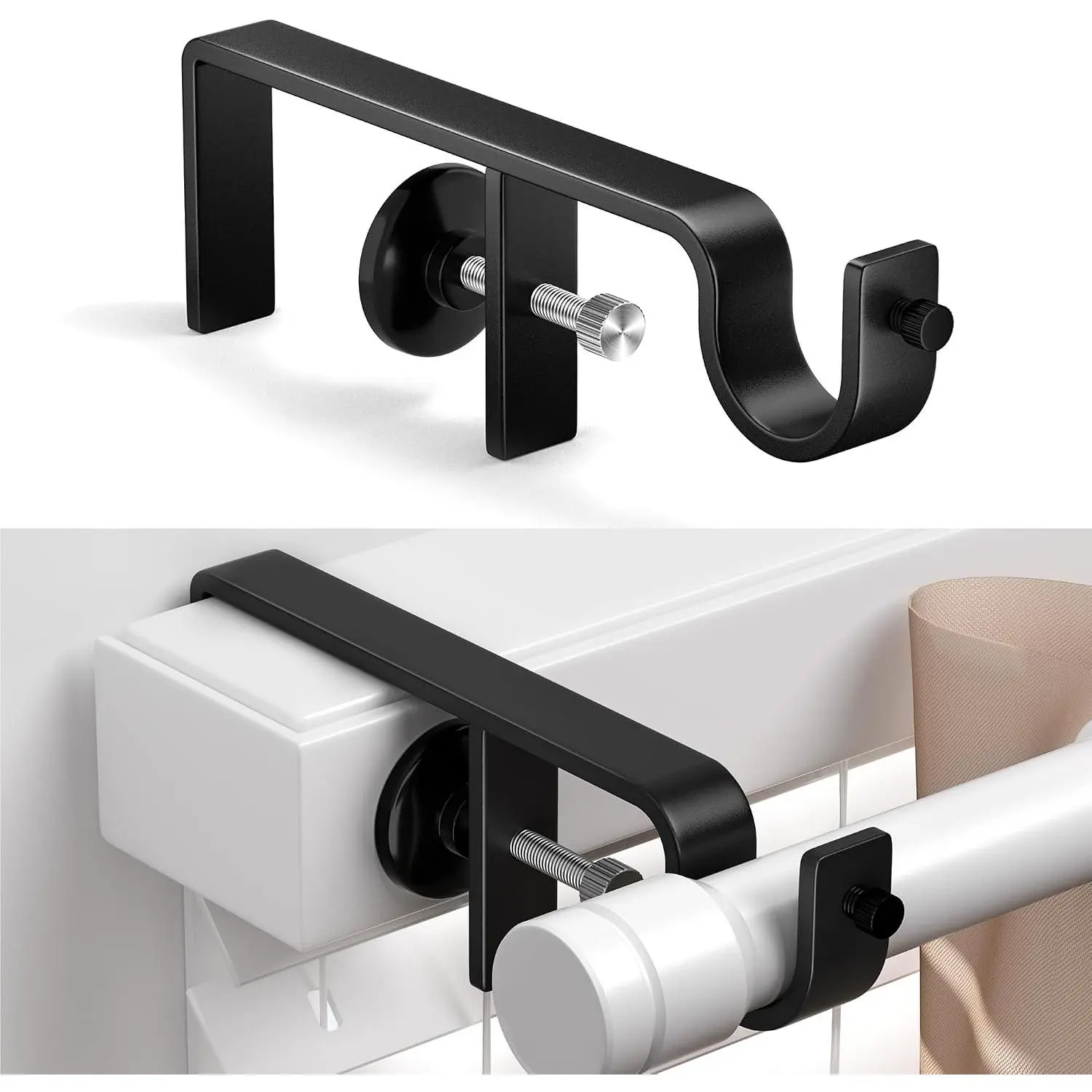 Black Over-Blinds Curtain Rod Brackets, No-Drill Outside-Mounted, Adjustable Fit, Set of 2