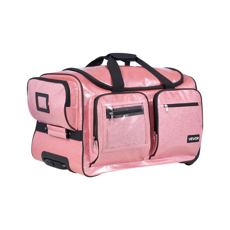 VEVOR Dance Bag with Garment Rack, 23 Inch Rolling Dance Duffel, with Wheels, USB Port, Height Adjustable Clothes Rack, Privacy Protection Curtain, Ideal for Travel and Competitions, Sparkling Pink