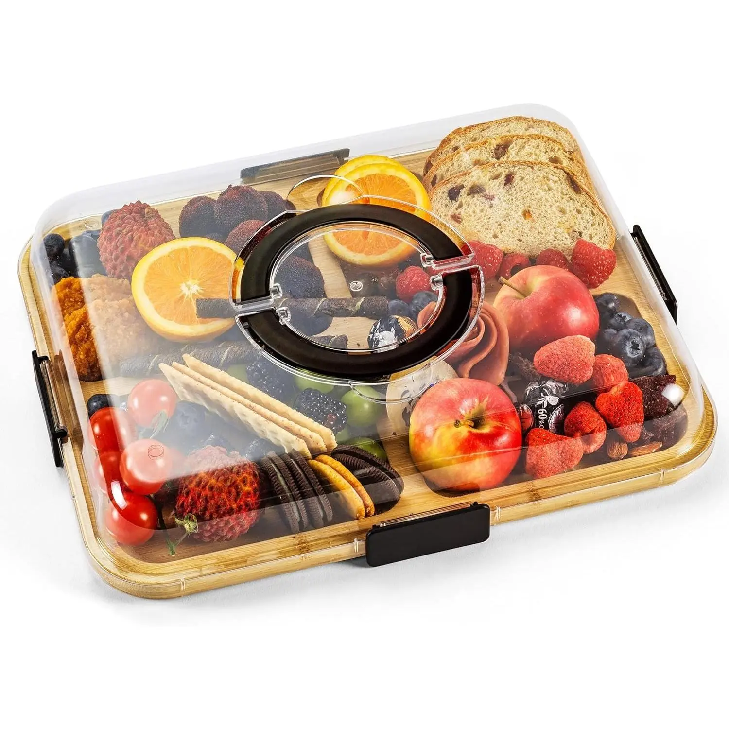 Bamboo Charcuterie Board with Clear Lid, Portable 6-Compartment Cheese & Snack Tray, Reversible Bamboo Cutting Board with Secure Latch Closure, Ideal for Picnics, Parties, Light Travel, Perfect Housewarming Gift