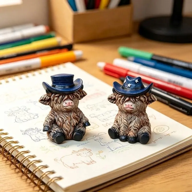 Two-piece highland cow mini figurines, western resin statue set, suitable for desktop and garden decoration, home decoration. Cute and unique gift, ideal choice for collectors who love western culture.