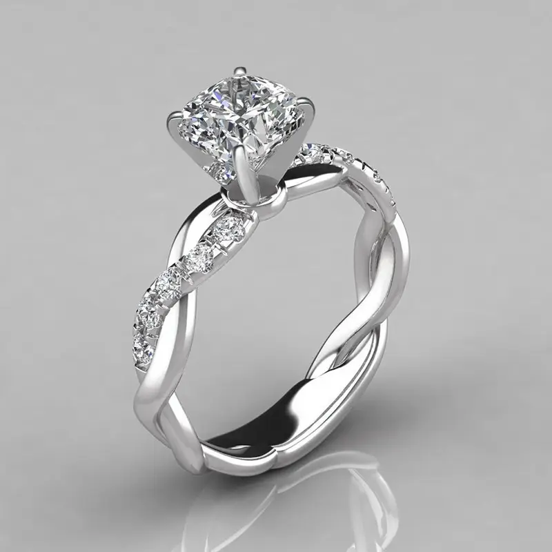 Women's Princess Cut Synthetic Diamond Ring - Infinity Twisted Shank, Pave Side Stones, Hypoallergenic Silver-Plated Band, Ideal for Engagement, Anniversary Gifts