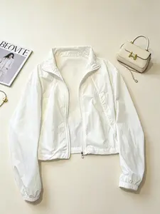A women's fashionable pure white stand up collar zipper Long Sleeve jacket, with lightweight and slightly wrinkled sleeves and side pockets, suitable for commuting, outdoor play, indoor and outdoor wear