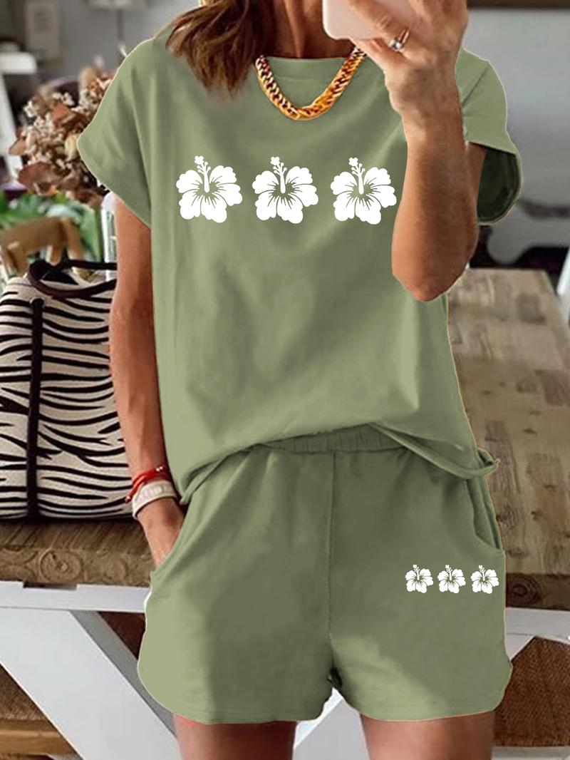 Two-Piece Set Women's Floral Print Tee & Shorts, Casual Short Sleeve T-shirt & Shorts for Summer, Ladies Clothes for Daily Wear