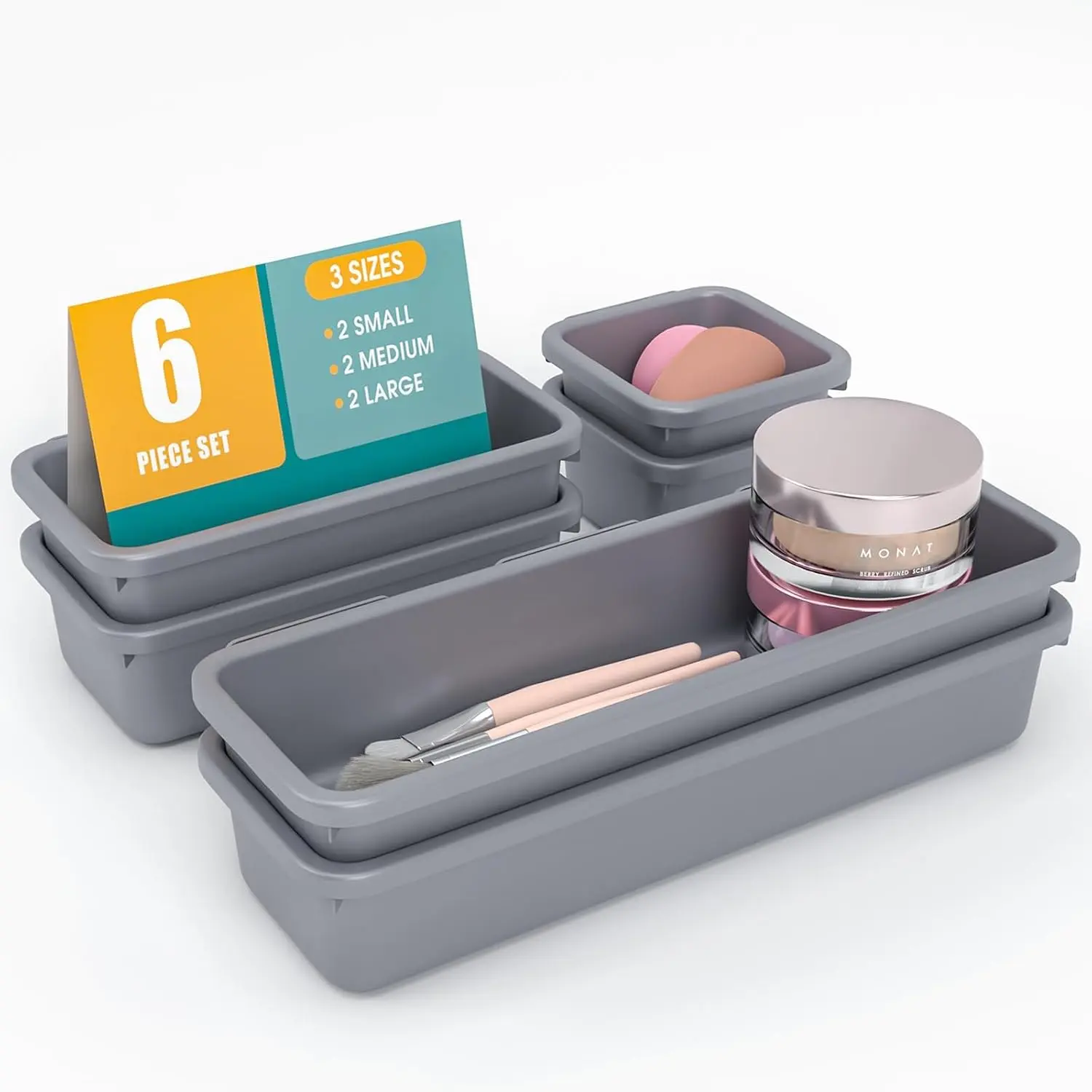 6 count Drawer Organizer Set, 3 Size Makeup Drawer Divider Organizer With Non-Slip Pads, Interlocking Plastic Storage Bins for Office, ,Gadgets, Bathroom,Kitchen, Grey
