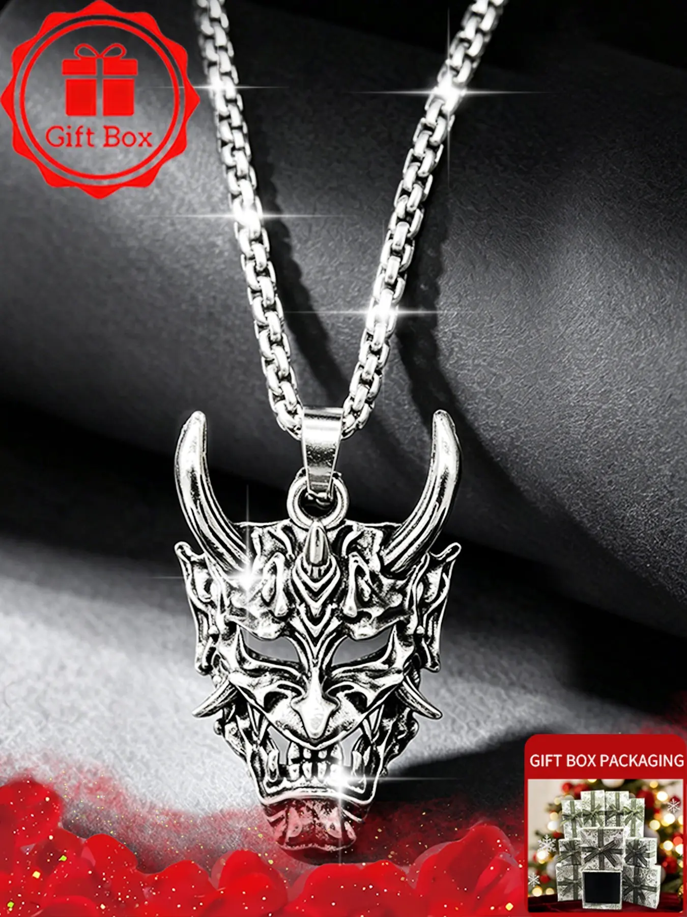 Aesthetic Hannya Mask Chain Necklace with Gift Box, Vintage Silver Carved Demon Choker, Gothic Punk Ghost Face Shape Jewelry for Men Women, Unisex Anime Outfits Accessories, Birthday Christmas Halloween Graduation Gift for Boyfriend Gamer Friends Brother