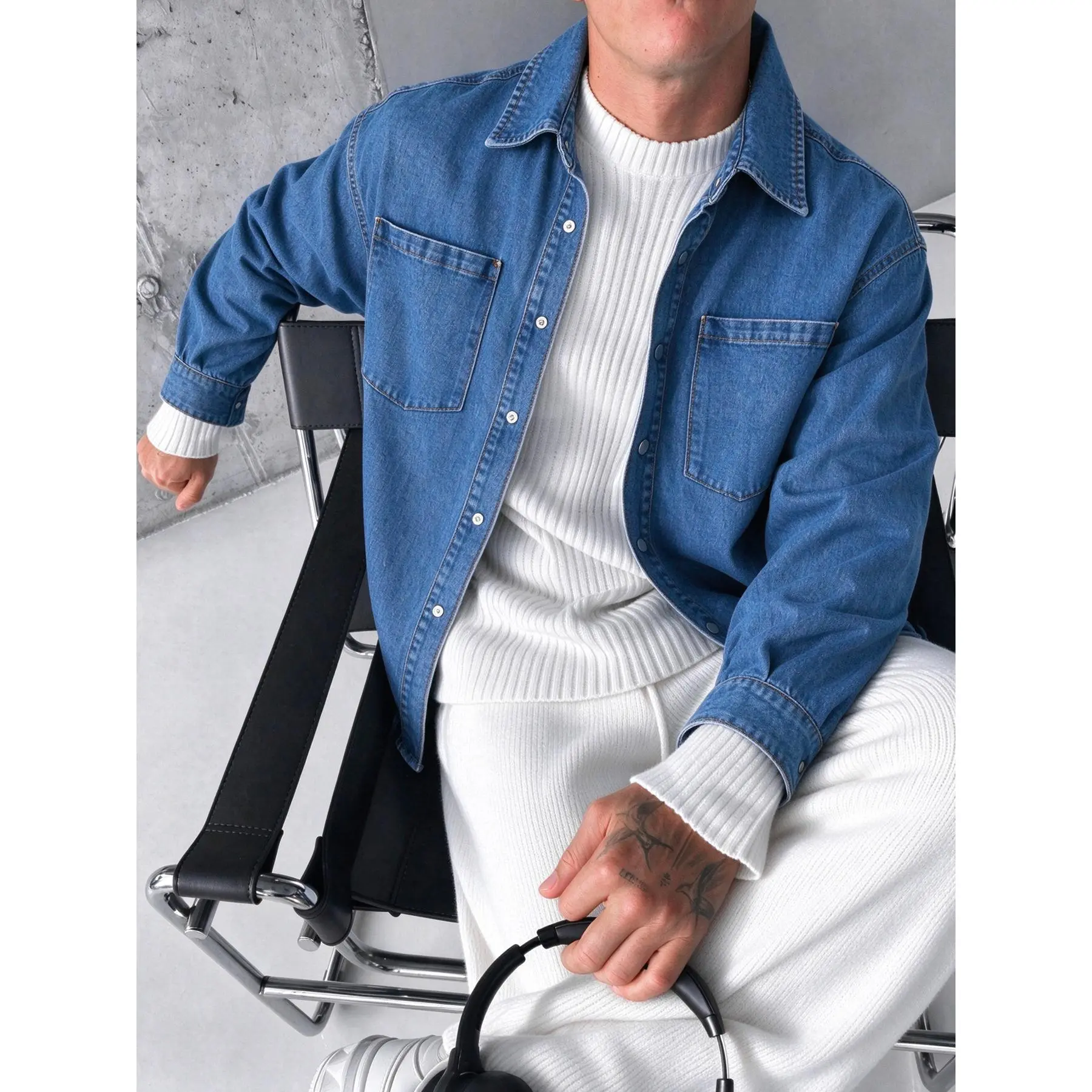Cotton denim shirt jacket designed with classic lapel collar, chest patch pocket and button placket.Loose oversized fit offers excellent layering effects, creating fashionable street style looks for trendy mensfashion daily matching.