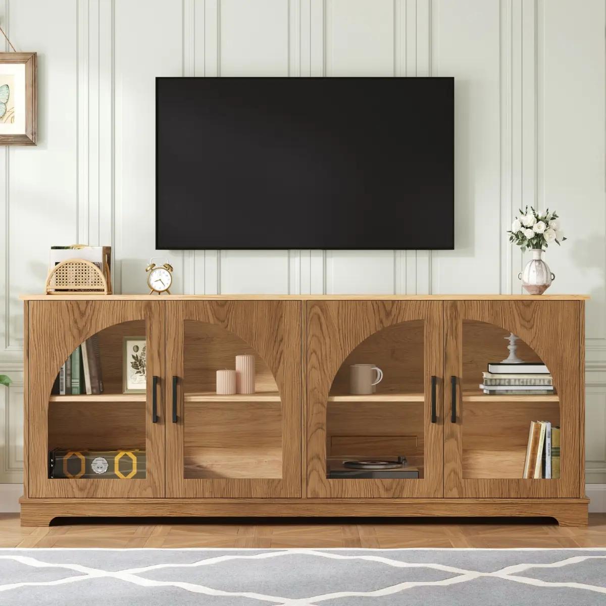 [Bellemave] Farmhouse TV Stand with Semi-Arched Glass Doors for TVs Up to 70", Media Console with Adjustable Shelves, Wood Grain Sideboard with Cable Management for Living Room
