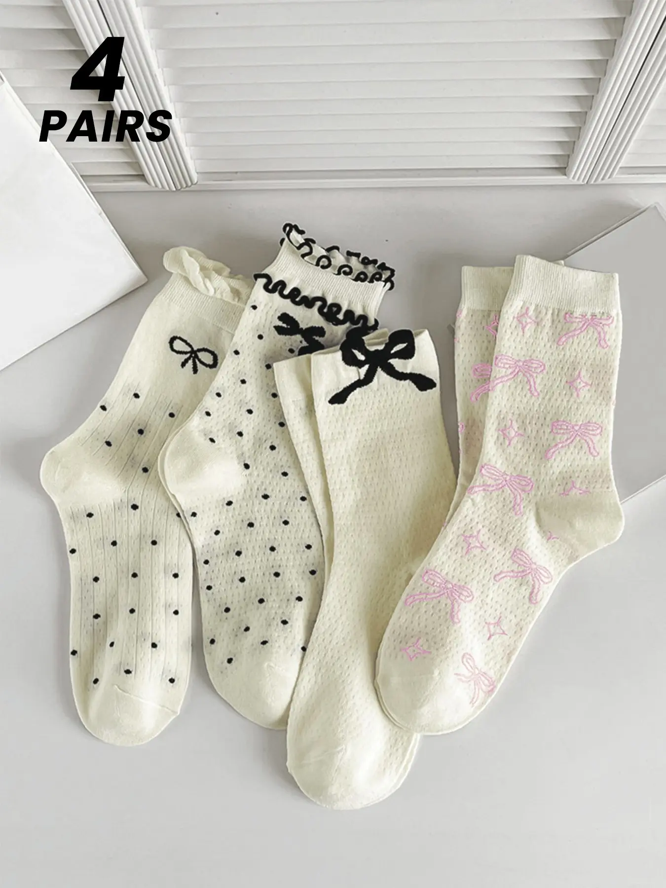 4 Pairs Balletcore Bow Socks Cute Coquette Aesthetic Ruffle Lace Mesh Crew Socks Pink Ribbon Polka Dot Mid Calf Socks Gift Pack For Women