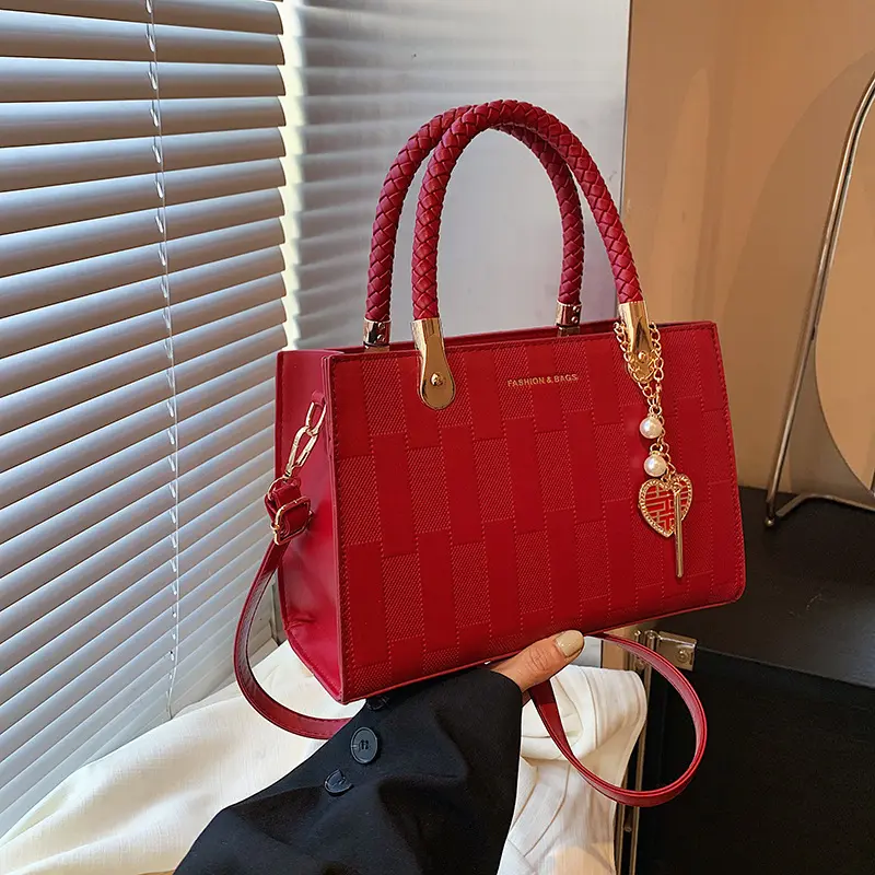 Viral Red Work Bag, Chic Top Handle Purse with Heart Charm for Office Outfits, Dates, Holidays & TikTok OOTD  Red Structured Tote Bag for Women, Top Handle Satchel Purse with Woven Handle, Heart Charm & Crossbody Strap