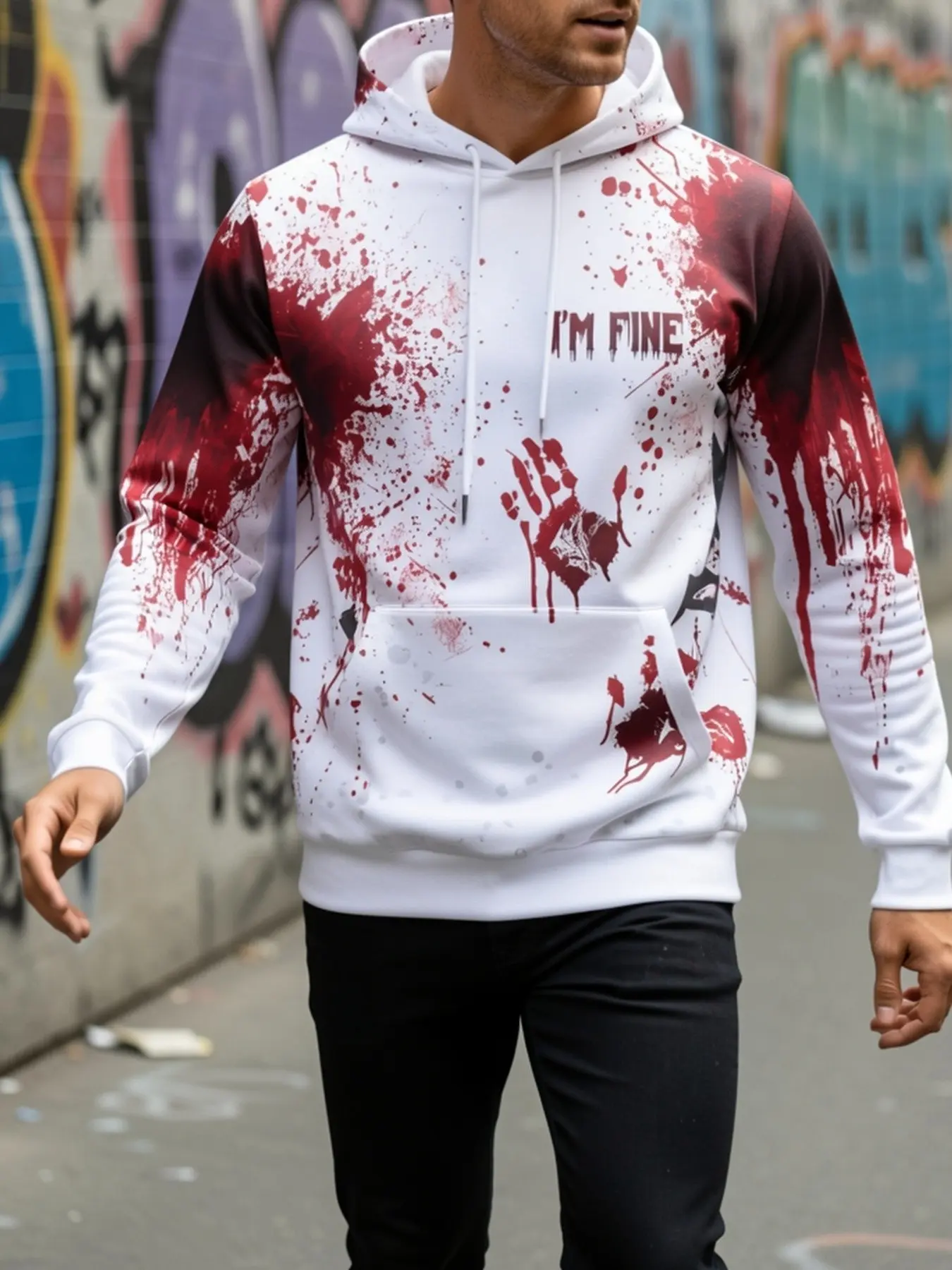 Base I'm Fine Blood Handprint Ink Splatter Print Men's Casual Long Sleeve Hooded Sweatshirt, Halloween Spooky Horror Pullover, Party Street Multi-Scene