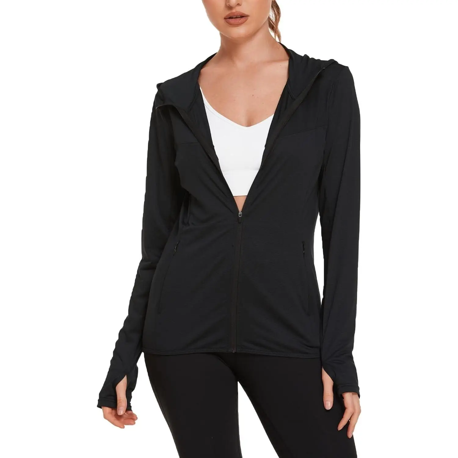 Women's UPF 50+ Sun Protection Hoodie Jacket Long Sleeve Athletic Running Full Zip Workout Jacket with Pockets