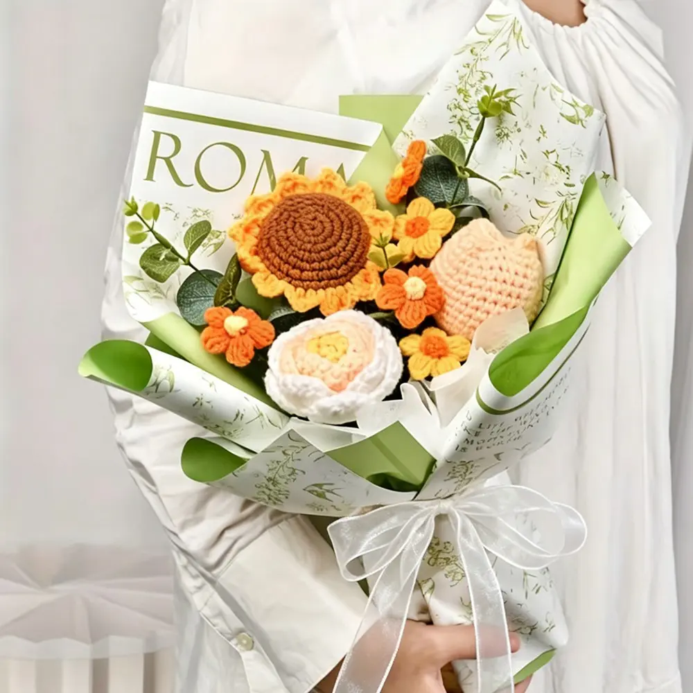 Handmade Crochet Sunflower Bouquet, Wrapped Knitted Flower Bouquet, Artificial Flower Bouquets, Artificial Flowers for Gifts, Home Decor, Special Occasions