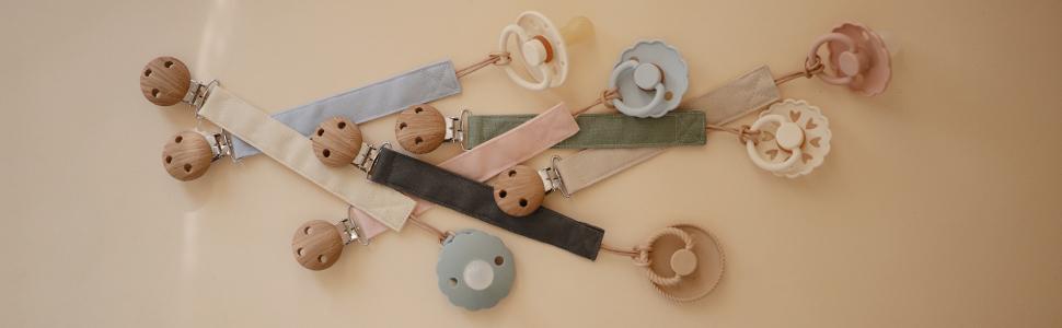 Linen Baby Pacifier Clip Holder| Soft Fabric Strap, 2-Pack (Olive/Shifting Sand)