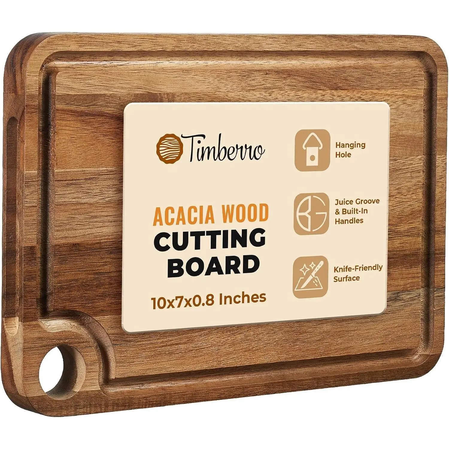 Acacia Wood Cutting Board 10x7x0.8 in - Small Mini Wooden Steak and Cheese Chopping Board with Juice Groove, Rustic Carving Breadboard with Handle for Serving