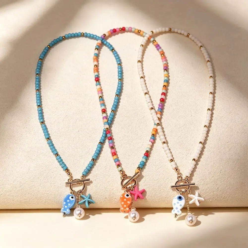 Coastal Bohemian Ceramic Necklace for Women, Ocean Themed Statement Jewelry with Starfish Charms & Tassels, Water Resistant with Adjustable Cord for Beach Trip Outfits, Bohemian Look, Ceramic Charms, Faux Pearls, Sea Pearl Necklace, Pearls Beaded