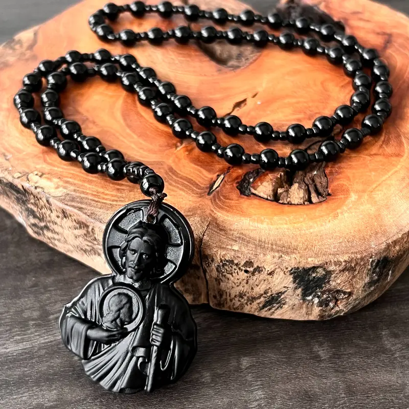 Natural Obsidian Jesus Sacred Heart Pendant Necklace, Catholic Faith Amulet, Bead Long Rosary Chain, Unisex Religious Jewelry