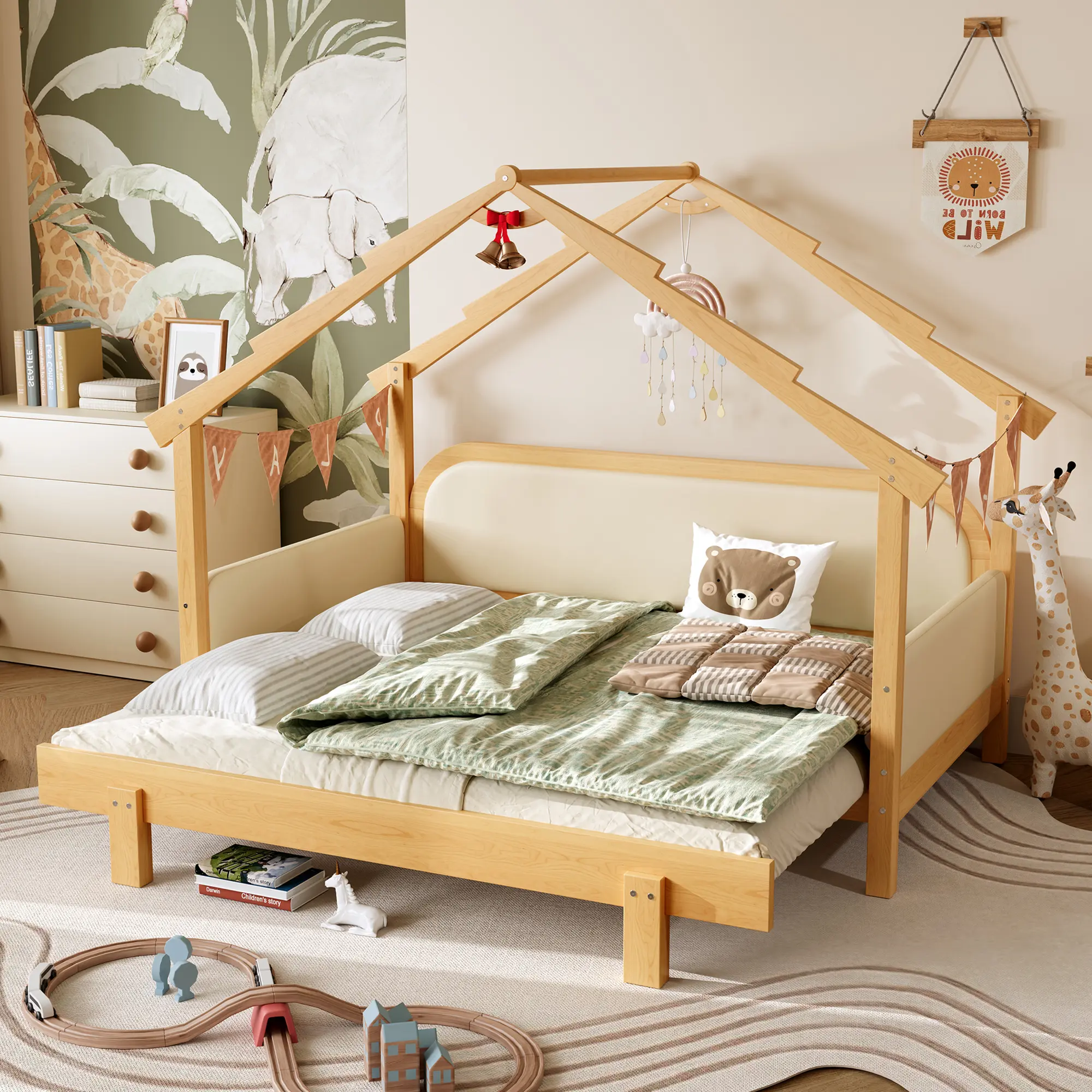 ARCH Twin Size Wood Treehouse Bed Frame with Soft Cushion Rails, White Kids Bed for Girls Boys Teens, Playhouse Loft Bed with Guardrails, Children's Bedroom Furniture, Novelty Bed for Imaginative Play, Bedroom Furniture for Bedroom, Guest Room