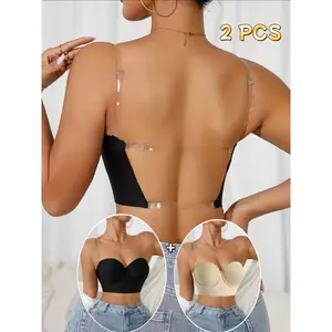 2 Pack Invisible Clear Strap Low Back Bra, Push Up Seamless Bustier, No Show for Backless Outfits