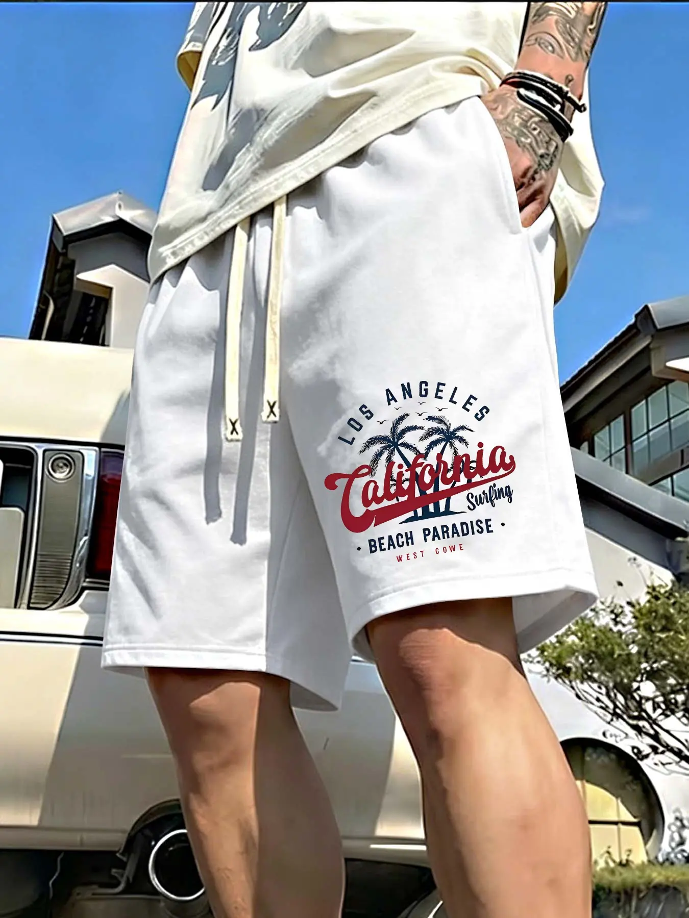 New Summer Men's Fashion Waist Drawstring Shorts, American Retro California Palm Print, Casual Style, Suitable for Leisure and Sports Activities
