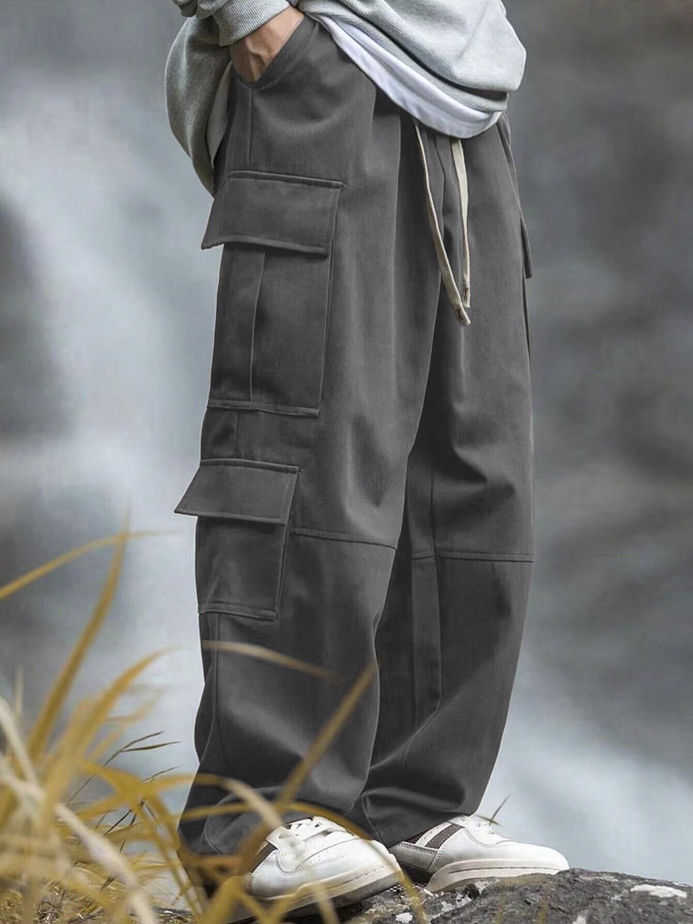 Men's Solid Pocket Cargo Pants, Loose Casual Street Fashion Drawstring Waist Trousers for Daily Wear, Men's Bottoms for All Seasons, Casual Comfy Trouser