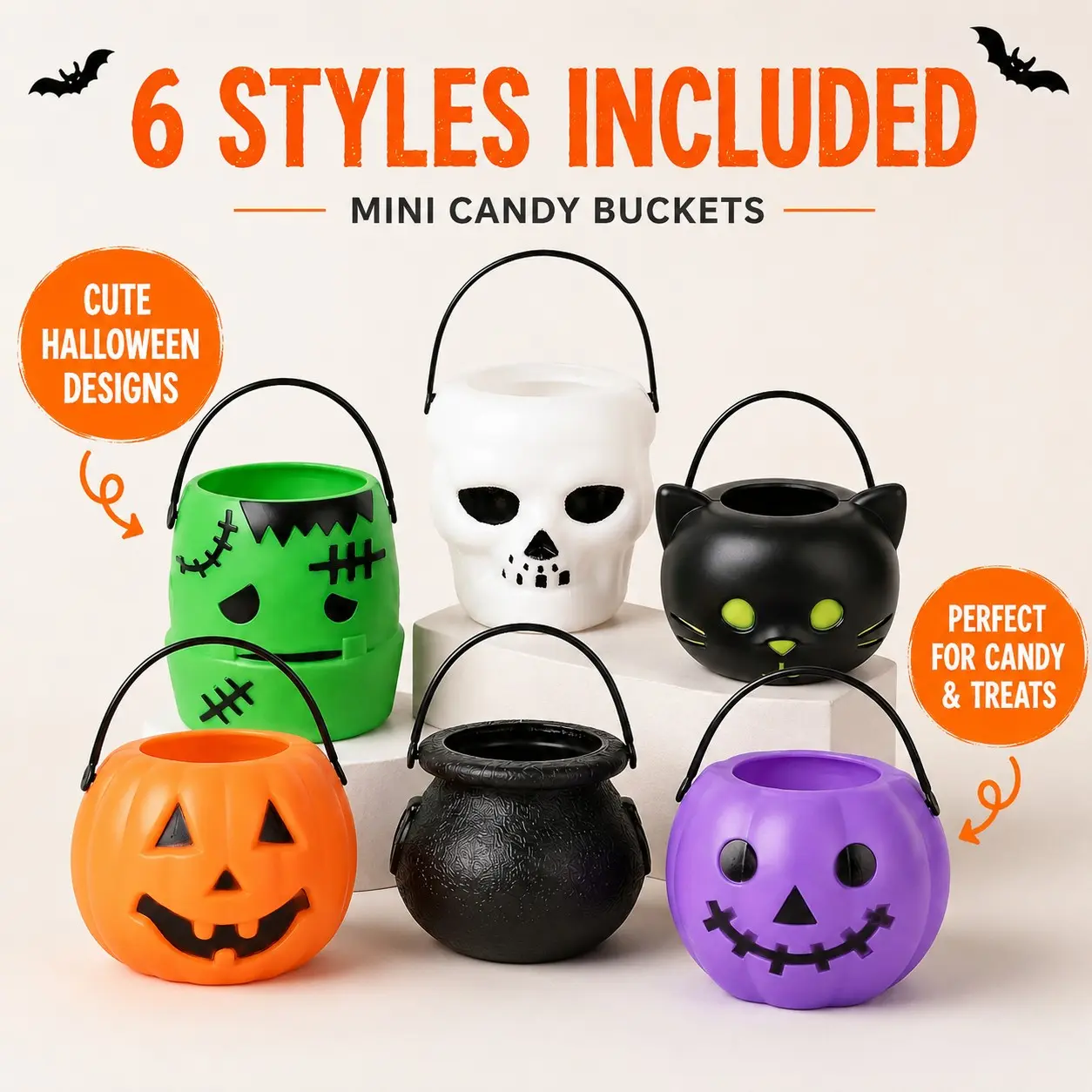 6 Pcs Halloween Mini Decorative Bowls – Pumpkin, Witch Bucket, Skull & Black Cat Design Plastic Party Bowls. Cute Mini Halloween Candy Containers for Trick or Treat, Party Decorations, Tabletop Décor, Holiday Gifts & Spooky Home Decoration