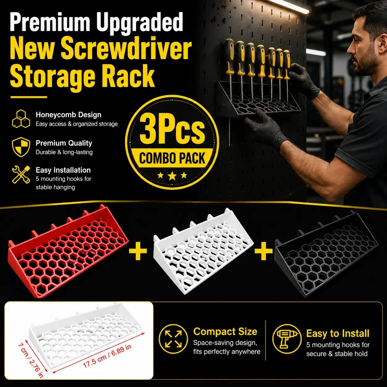 Wall Mounted Screwdriver Holder Rack, 3D Printed Pegboard Tool Organizer, Honeycomb Tray for Small Hand Tools, Garage Storage, DIY Essentials