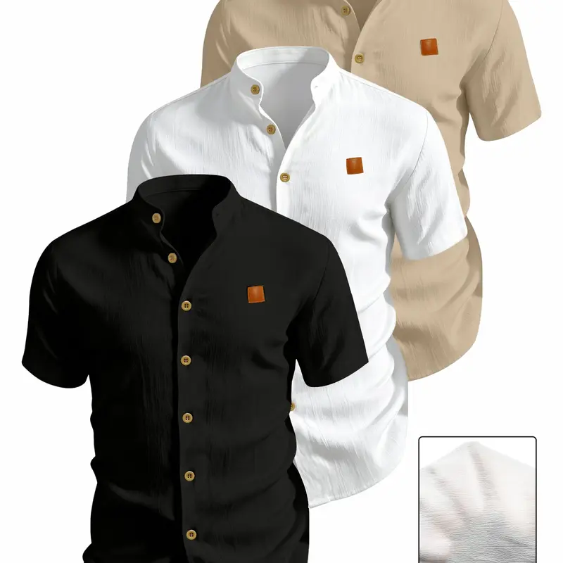 3pcs Men's Plus Size Summer Short Sleeve Shirts, Lightweight Breathable Solid Color, Plain Button-Up Casual Tops with Stand Collar, Low-Cut Neckline for Beach, Pool Parties and Vacation (Regular Fit | Size Up For Loose Fit)