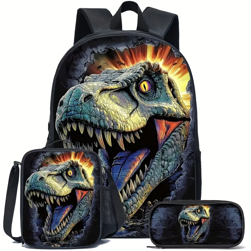 Dinosaur 3Pcs Backpack Set, Crossbody Storage Bag And Zipper Pouch Included, Trendy Daily, Boys Birthday Gifts,HolidayGiftIdea # TikTokMadeMeBuyIt # Dinosaur Bag Set # TeenSchoolEssentials # FullPrintDinoBag # YouthTravelGear