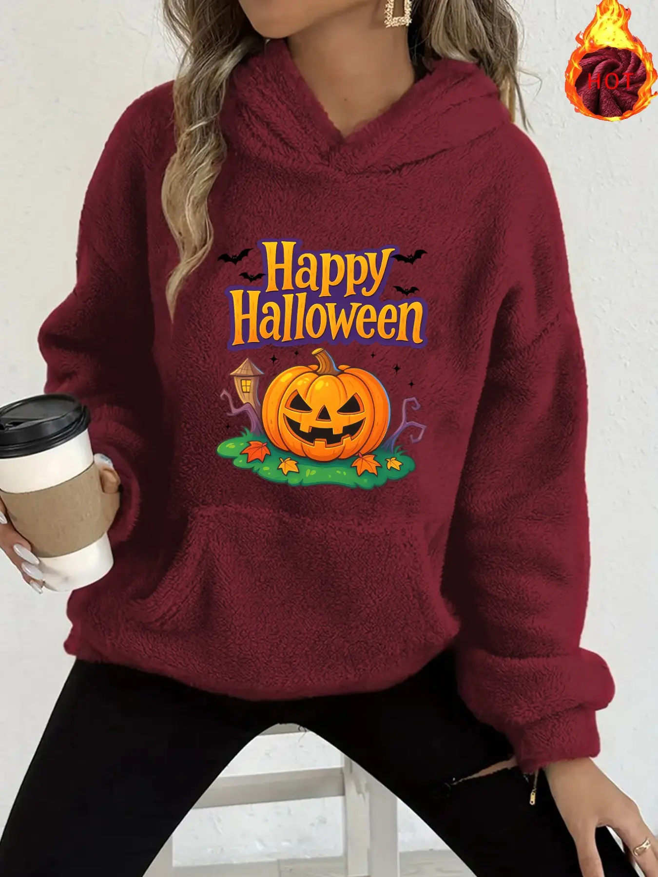 Korean Style Lazy Flannel Hoodie, Pumpkin Bat Happy Halloween Print, Women's Fall Winter Warm Cozy Casual Sweatshirt