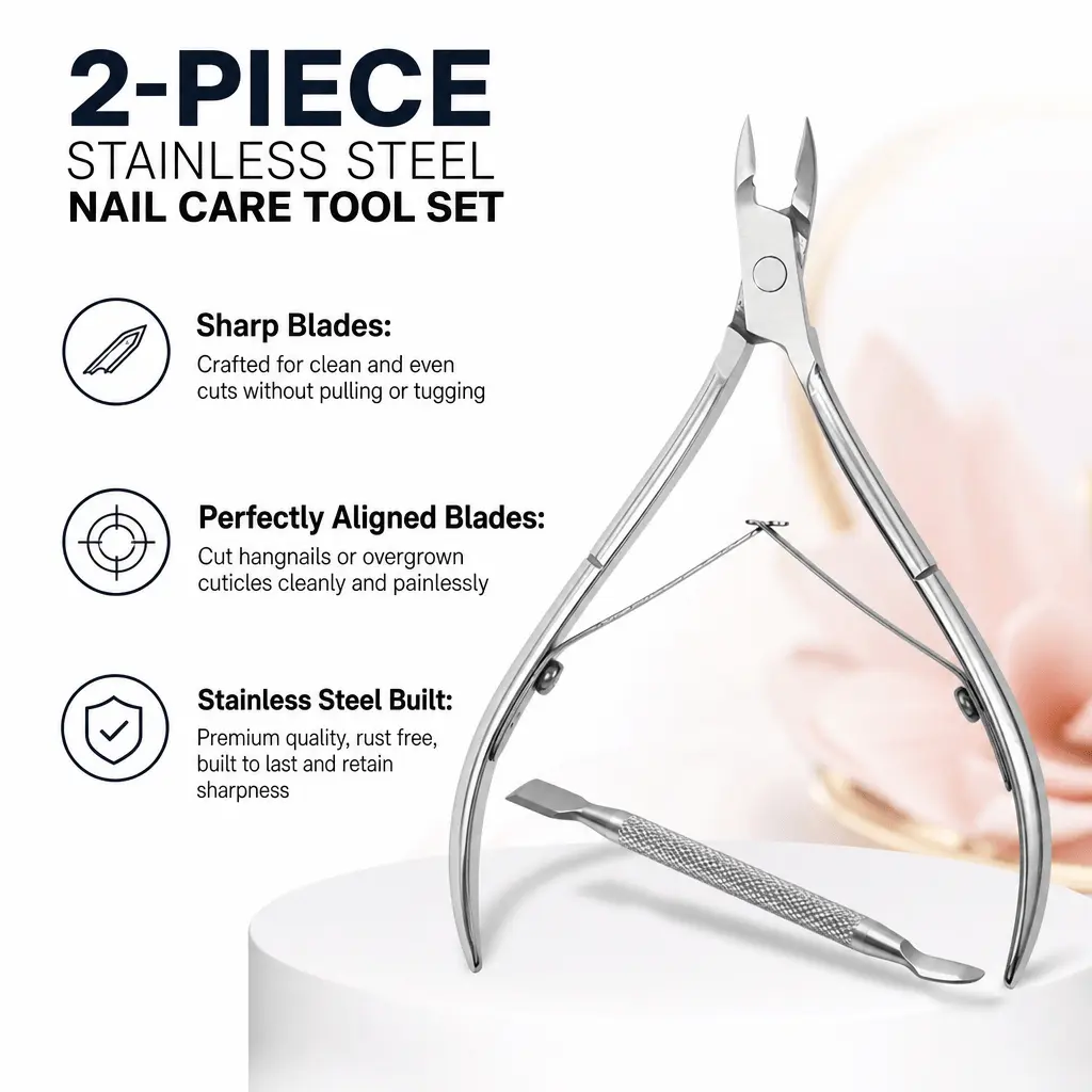 Professional Cuticle Nipper Kit Stainless Steel Precision V-Edge Trimmer Ergonomic Non-Slip Handle Safety Round Tip Dual-Ended Pusher Scissors for Toenail & Fingernail Care Salon-Grade Sterilizable Portable Case Anti-Corrosion Hangnail Remover
