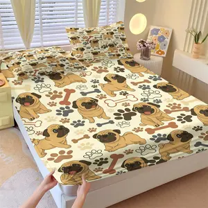 Cute Cartoon Pug Dog Fitted Sheet Set, 1 Fitted Sheet + 2 Pillowcases, Deep Pocket Non-Slip Mattress Protector, Soft Breathable All Season Bedding, Lovely Paw Bone Puppy Print For Kids Teens Bedroom Decor