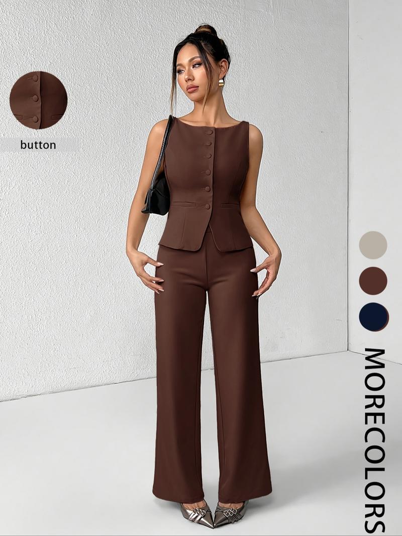 Women's Solid Button Front Tank Top & Wide Leg Pants Set, Casual Fashion Two-piece Set for Summer, Women's Clothing for Daily Wear, Suits, Office Siren Outfits